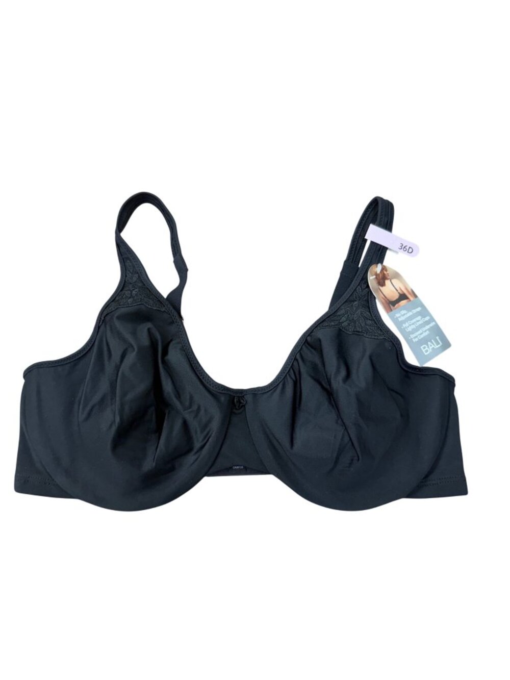 Bali Women Black Comfort Revolution Underwire Tshirt Bra Size 36D Full Coverage